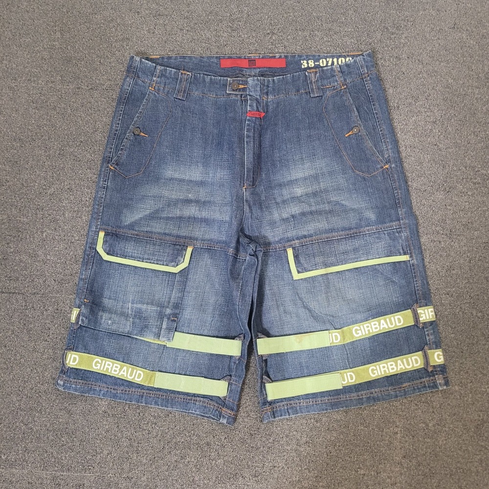 Marithe Francois Girbaud Size 42 Denim Shorts Mens Baggy Blue Green Straps Vtg